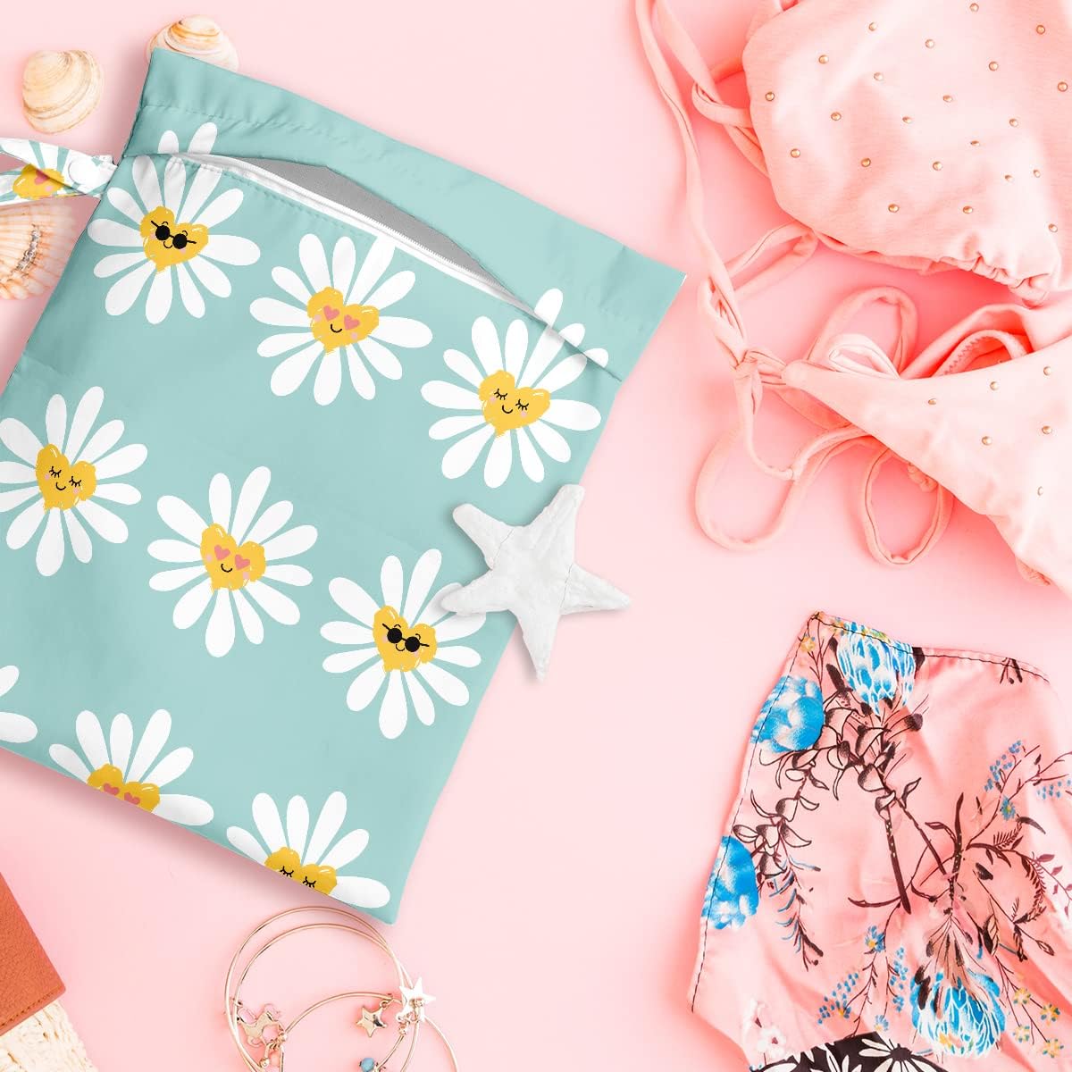 Wet Bag Wet Dry Bag Wet Bag for Swimsuit Travel Beach Pool Diapers Dirty Yoga Gym Clothes Toiletries Makeup Bag Waterproof Reusable Cute Daisy Floral Flower