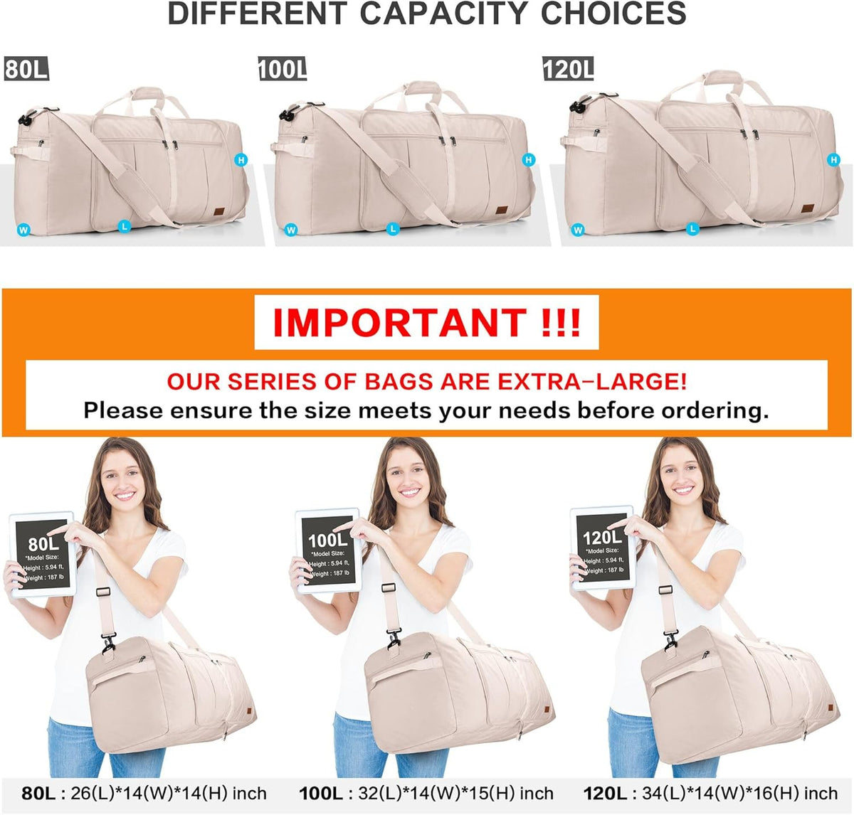 80L EXTRA LARGE Duffle Bag for Travel, 26" Foldable Travel Duffel Bag with Shoe Compartment for Men Women, Waterproof & Tear Resistant (Black, EXTRA LARGE, 80L)