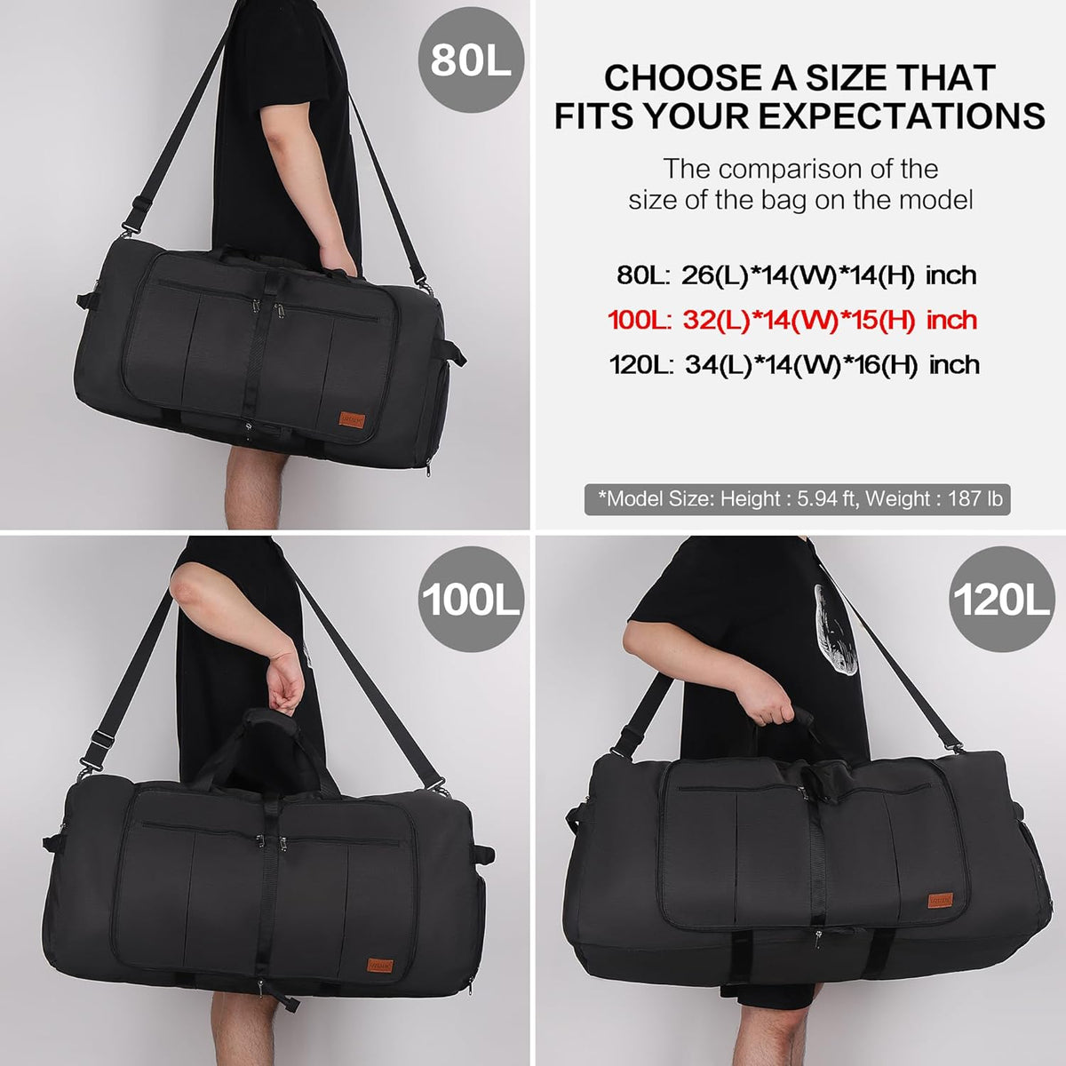 80L EXTRA LARGE Duffle Bag for Travel, 26" Foldable Travel Duffel Bag with Shoe Compartment for Men Women, Waterproof & Tear Resistant (Black, EXTRA LARGE, 80L)