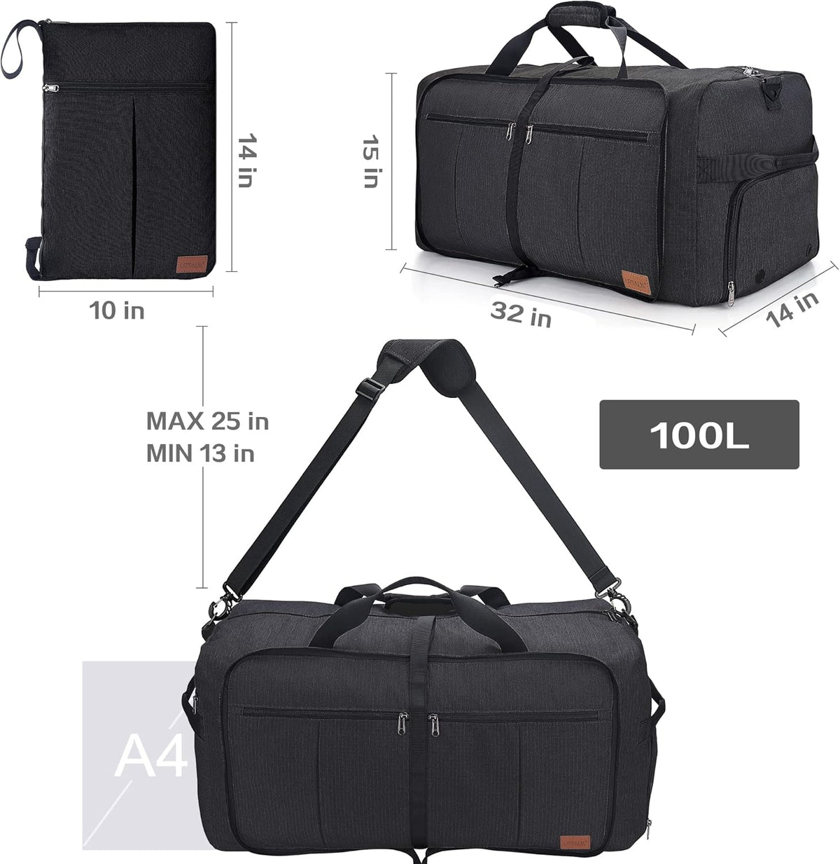80L EXTRA LARGE Duffle Bag for Travel, 26" Foldable Travel Duffel Bag with Shoe Compartment for Men Women, Waterproof & Tear Resistant (Black, EXTRA LARGE, 80L)