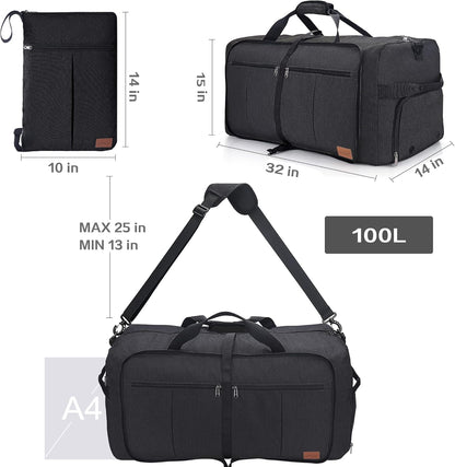 80L EXTRA LARGE Duffle Bag for Travel, 26" Foldable Travel Duffel Bag with Shoe Compartment for Men Women, Waterproof & Tear Resistant (Black, EXTRA LARGE, 80L)
