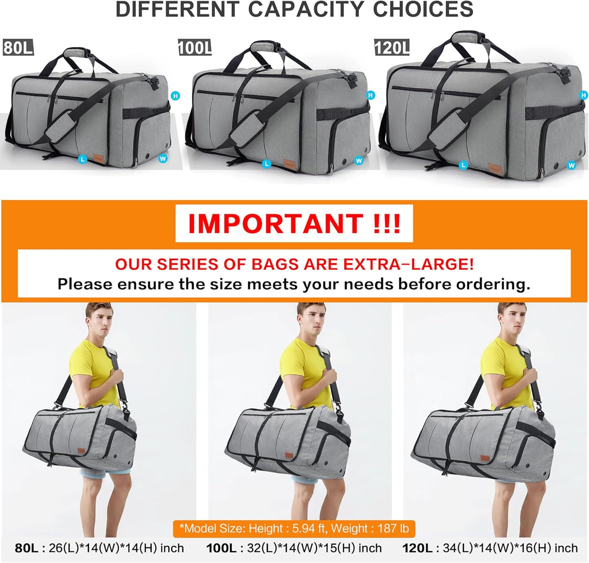 80L EXTRA LARGE Duffle Bag for Travel, 26" Foldable Travel Duffel Bag with Shoe Compartment for Men Women, Waterproof & Tear Resistant (Black, EXTRA LARGE, 80L)