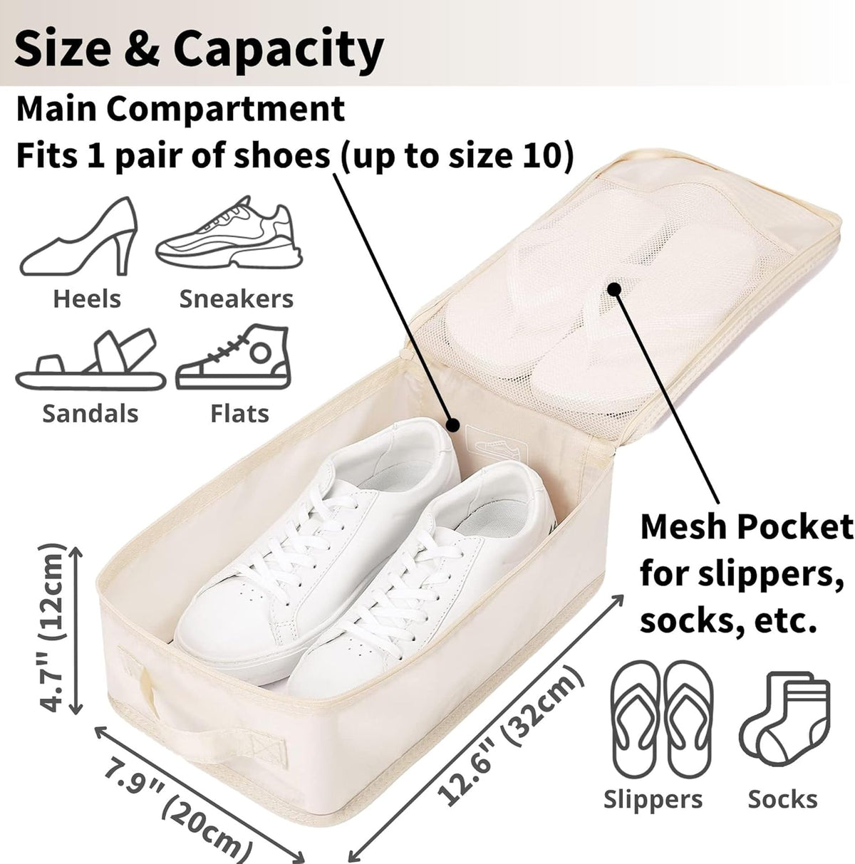Travel Shoe Bag with Handle Holds 2 Pairs of Shoes, Shoe Packing Cubes for Travel (Black, 2 Pack)