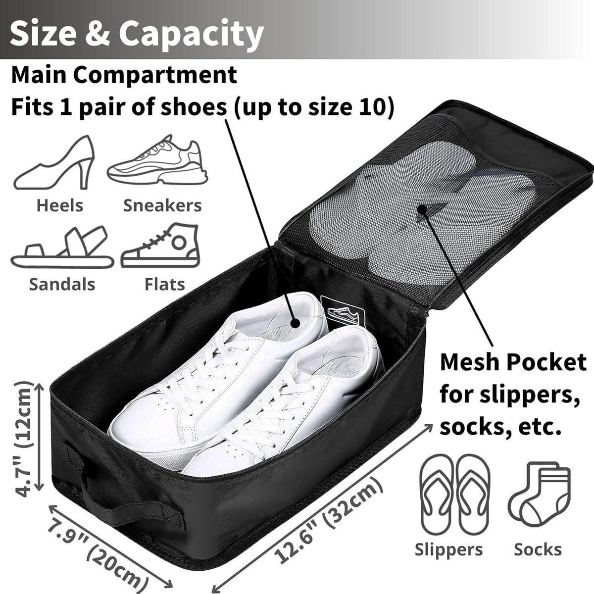 Travel Shoe Bag with Handle Holds 2 Pairs of Shoes, Shoe Packing Cubes for Travel (Black, 2 Pack)
