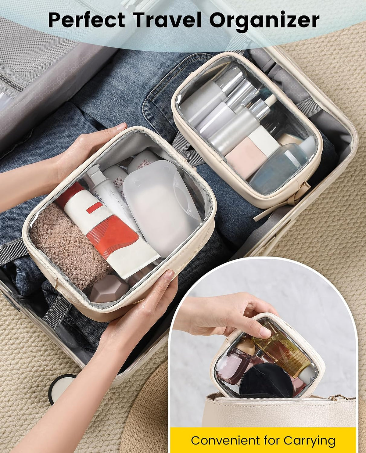 Travel Makeup Bag - 3 Pack Travel Toiletry Bag for Women Clear Cosmetic Bag Makeup Organizer Zipper Pouch for Travel Essentials Storage - Black