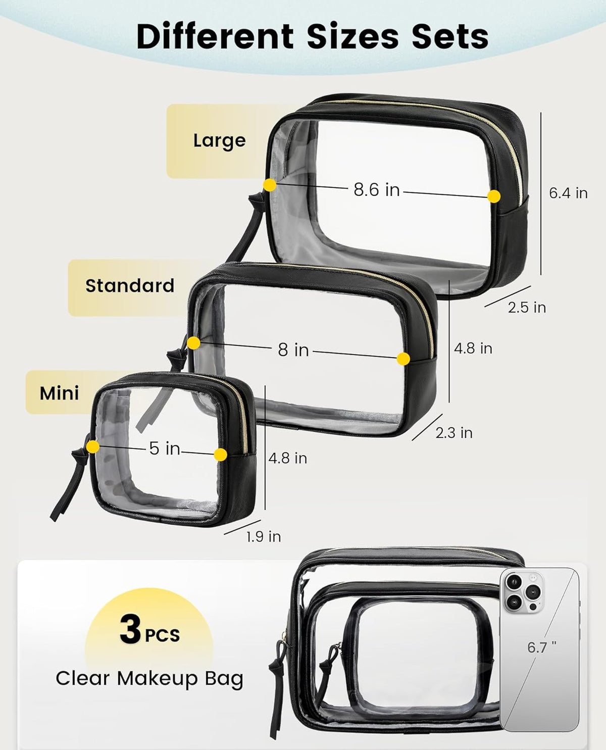 Travel Makeup Bag - 3 Pack Travel Toiletry Bag for Women Clear Cosmetic Bag Makeup Organizer Zipper Pouch for Travel Essentials Storage - Black