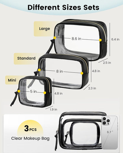 Travel Makeup Bag - 3 Pack Travel Toiletry Bag for Women Clear Cosmetic Bag Makeup Organizer Zipper Pouch for Travel Essentials Storage - Black