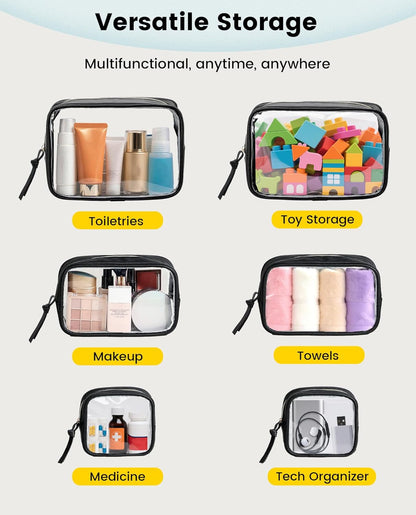 Travel Makeup Bag - 3 Pack Travel Toiletry Bag for Women Clear Cosmetic Bag Makeup Organizer Zipper Pouch for Travel Essentials Storage - Black