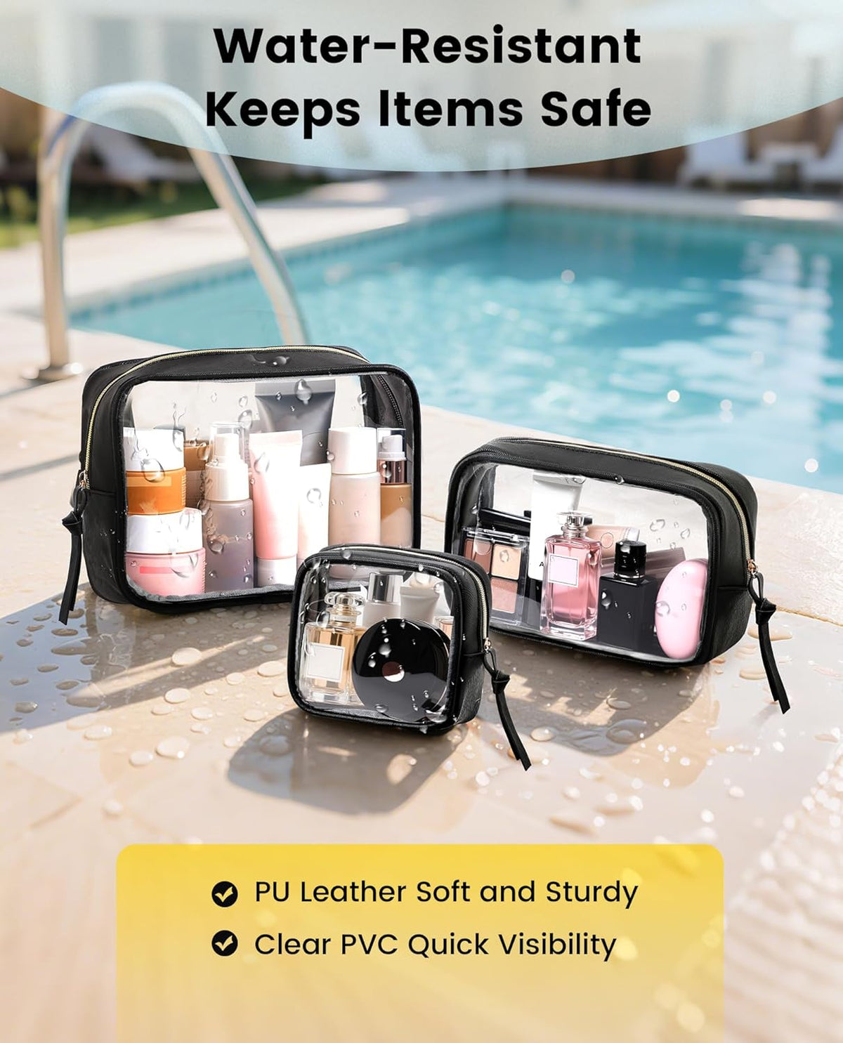 Travel Makeup Bag - 3 Pack Travel Toiletry Bag for Women Clear Cosmetic Bag Makeup Organizer Zipper Pouch for Travel Essentials Storage - Black