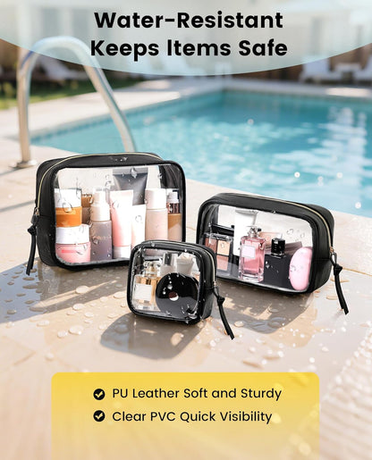 Travel Makeup Bag - 3 Pack Travel Toiletry Bag for Women Clear Cosmetic Bag Makeup Organizer Zipper Pouch for Travel Essentials Storage - Black