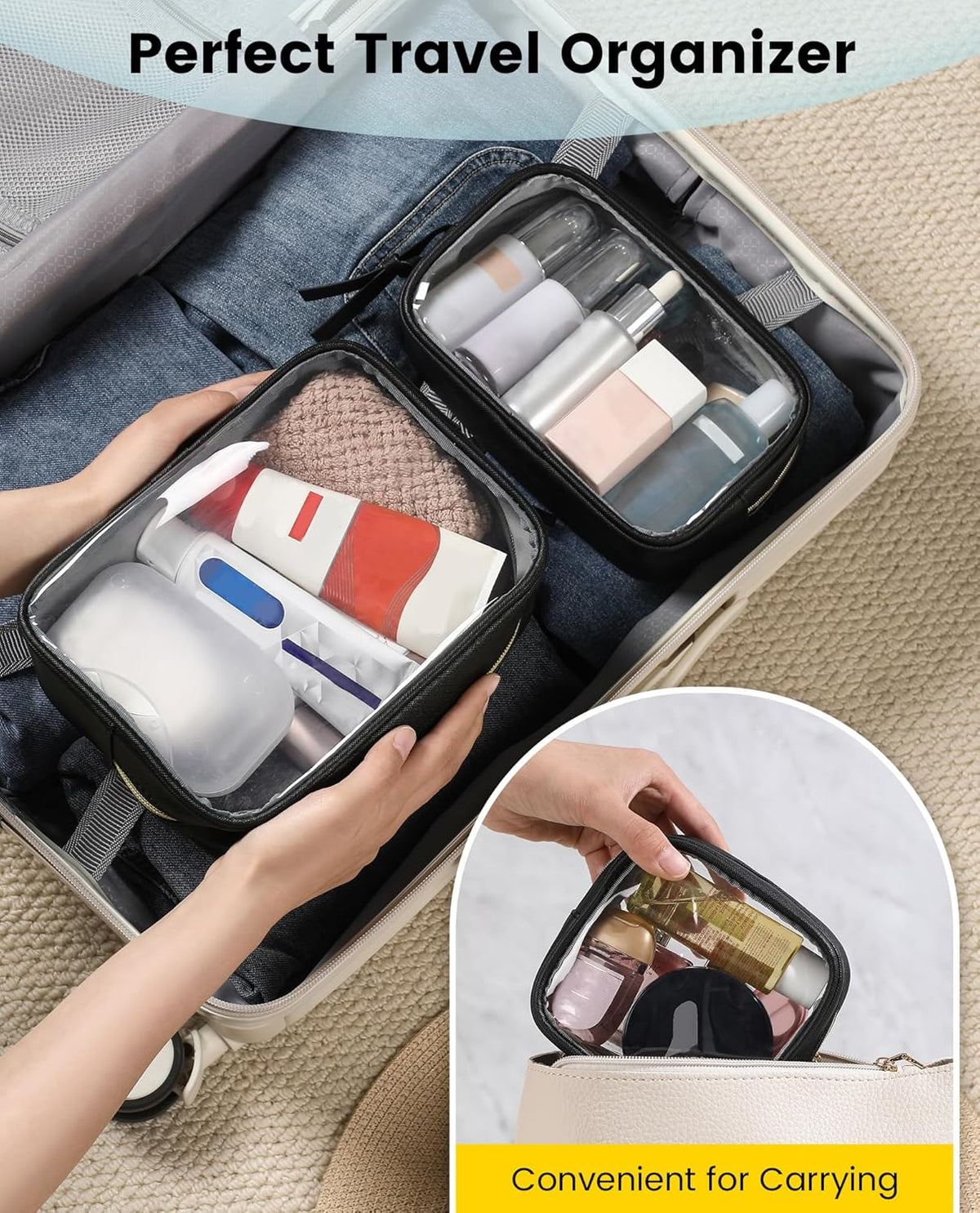 Travel Makeup Bag - 3 Pack Travel Toiletry Bag for Women Clear Cosmetic Bag Makeup Organizer Zipper Pouch for Travel Essentials Storage - Black