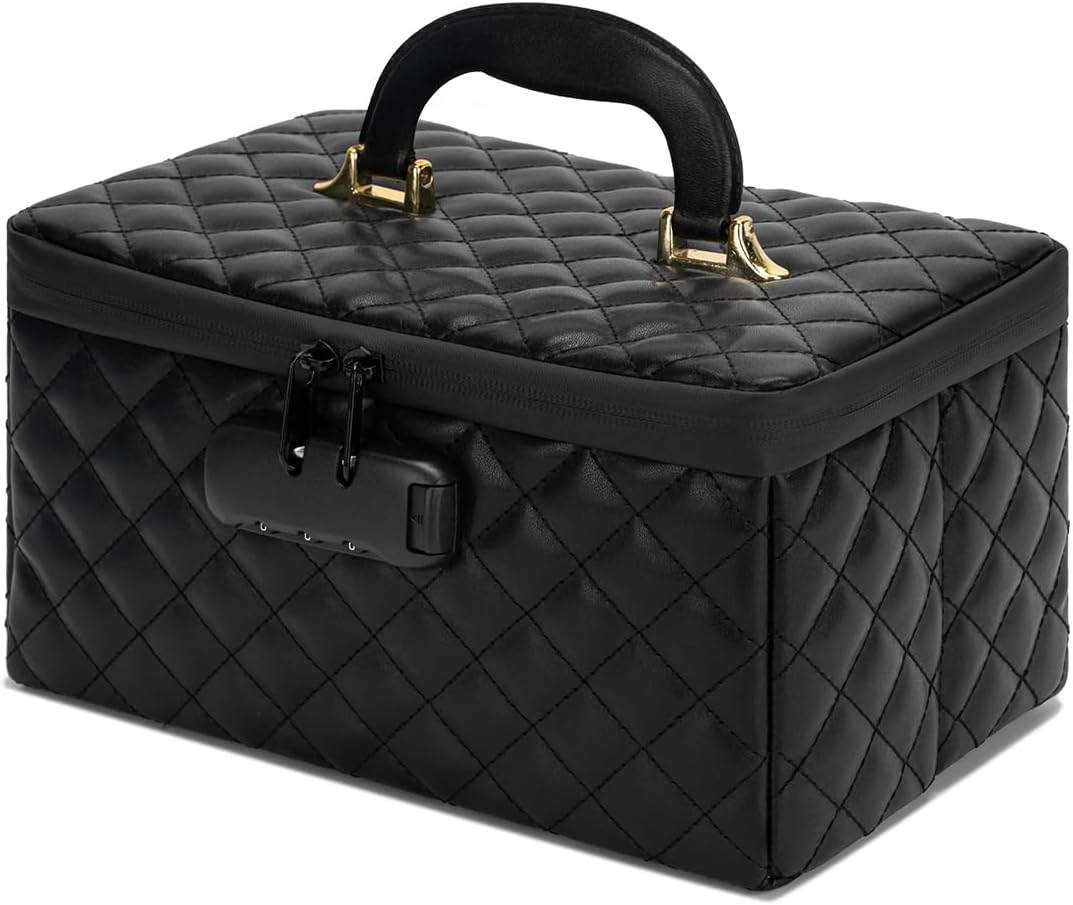 Portable makeup box with Lock, Large Capacity Travel Makeup Case Organizer, Makeup Bags for Girls Traveling With Handle and Divider Makeup Bag (off-white)