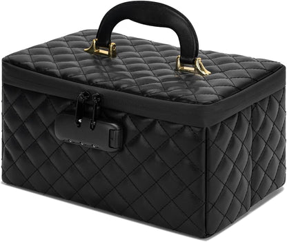Portable makeup box with Lock, Large Capacity Travel Makeup Case Organizer, Makeup Bags for Girls Traveling With Handle and Divider Makeup Bag (off-white)
