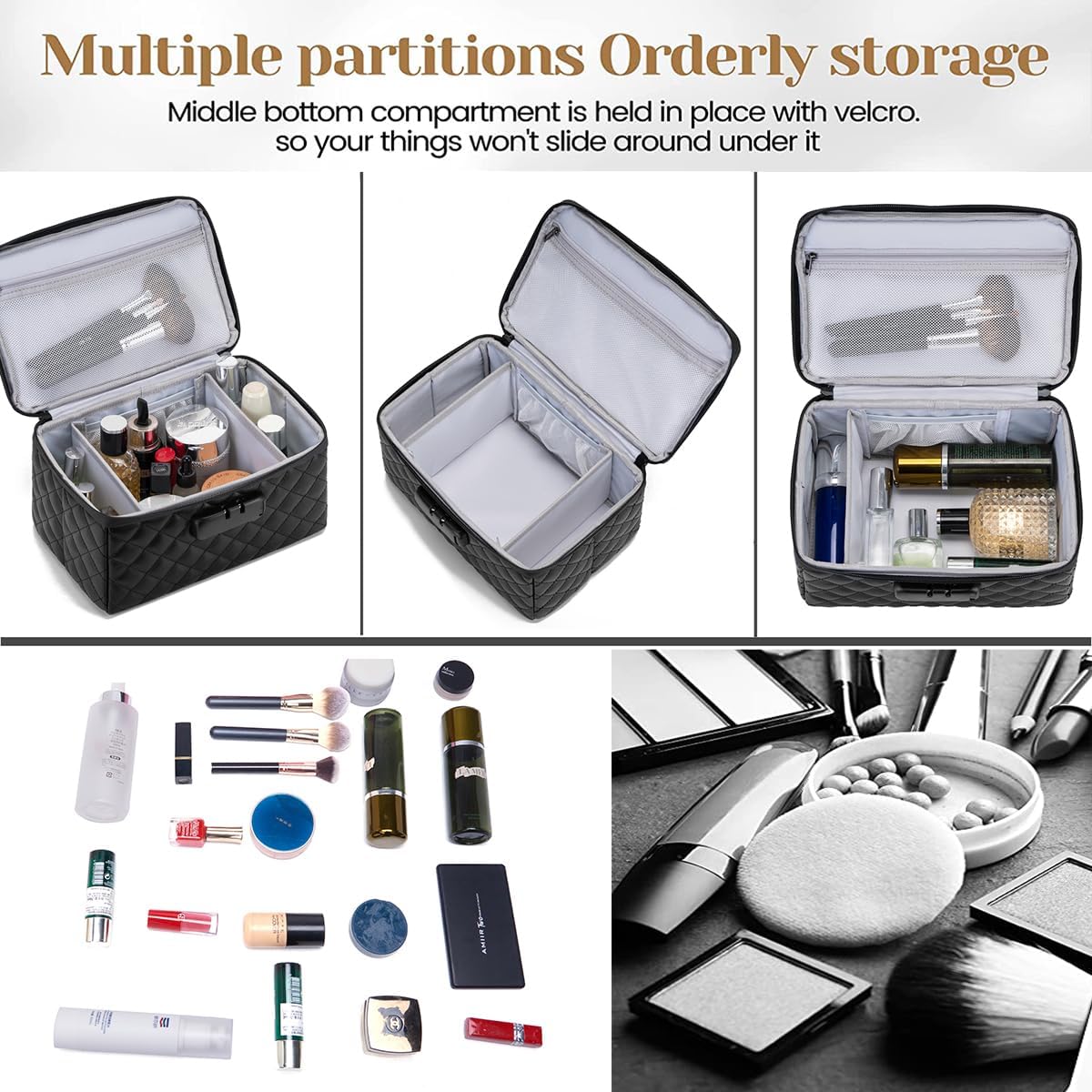 Portable makeup box with Lock, Large Capacity Travel Makeup Case Organizer, Makeup Bags for Girls Traveling With Handle and Divider Makeup Bag (off-white)