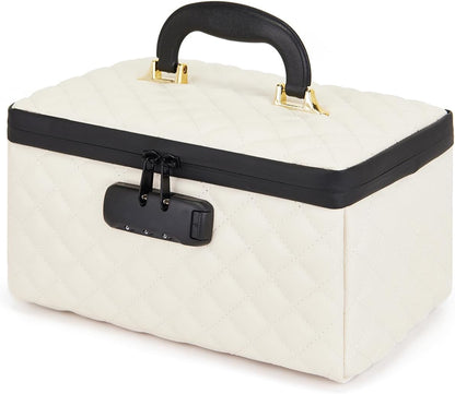 Portable makeup box with Lock, Large Capacity Travel Makeup Case Organizer, Makeup Bags for Girls Traveling With Handle and Divider Makeup Bag (off-white)