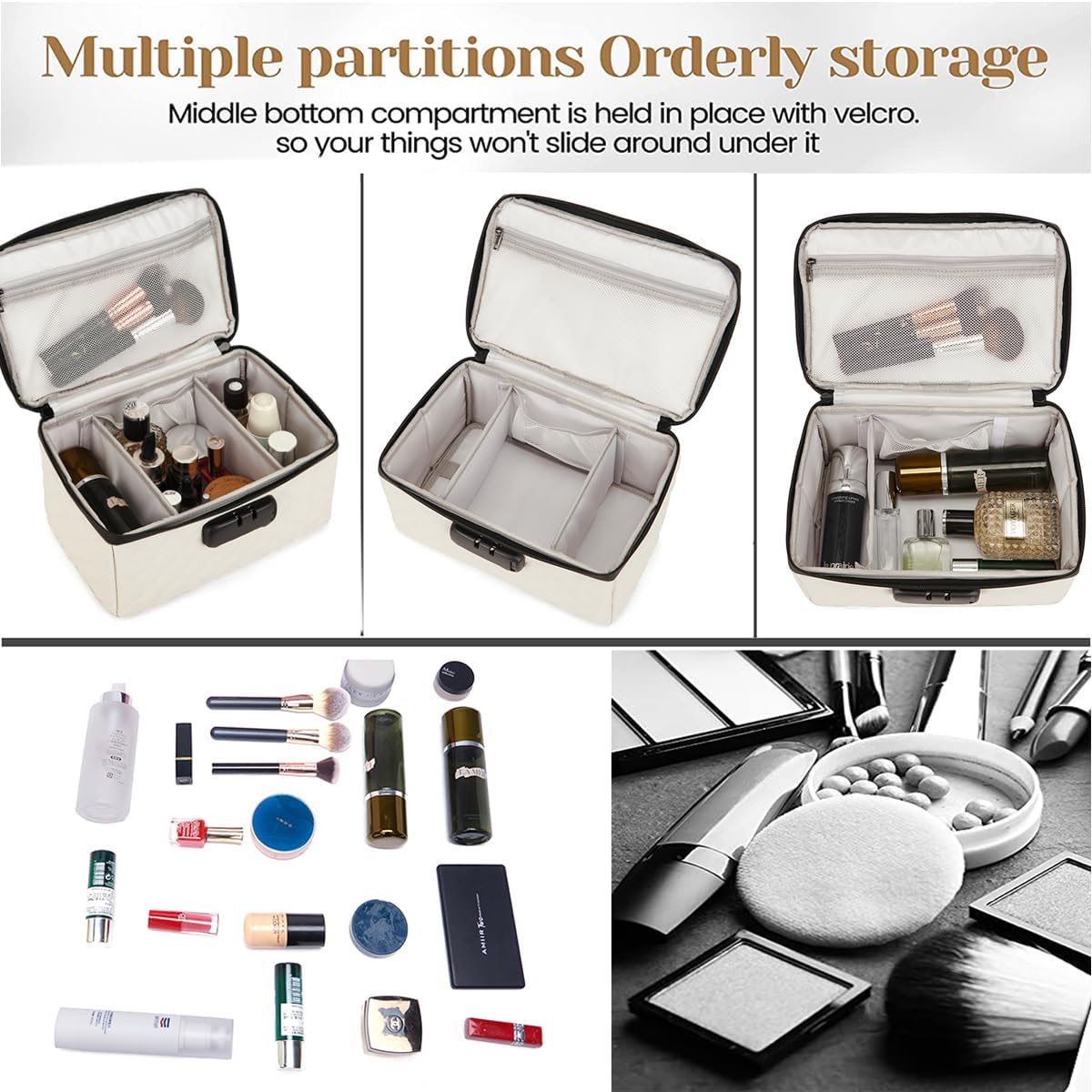 Portable makeup box with Lock, Large Capacity Travel Makeup Case Organizer, Makeup Bags for Girls Traveling With Handle and Divider Makeup Bag (off-white)