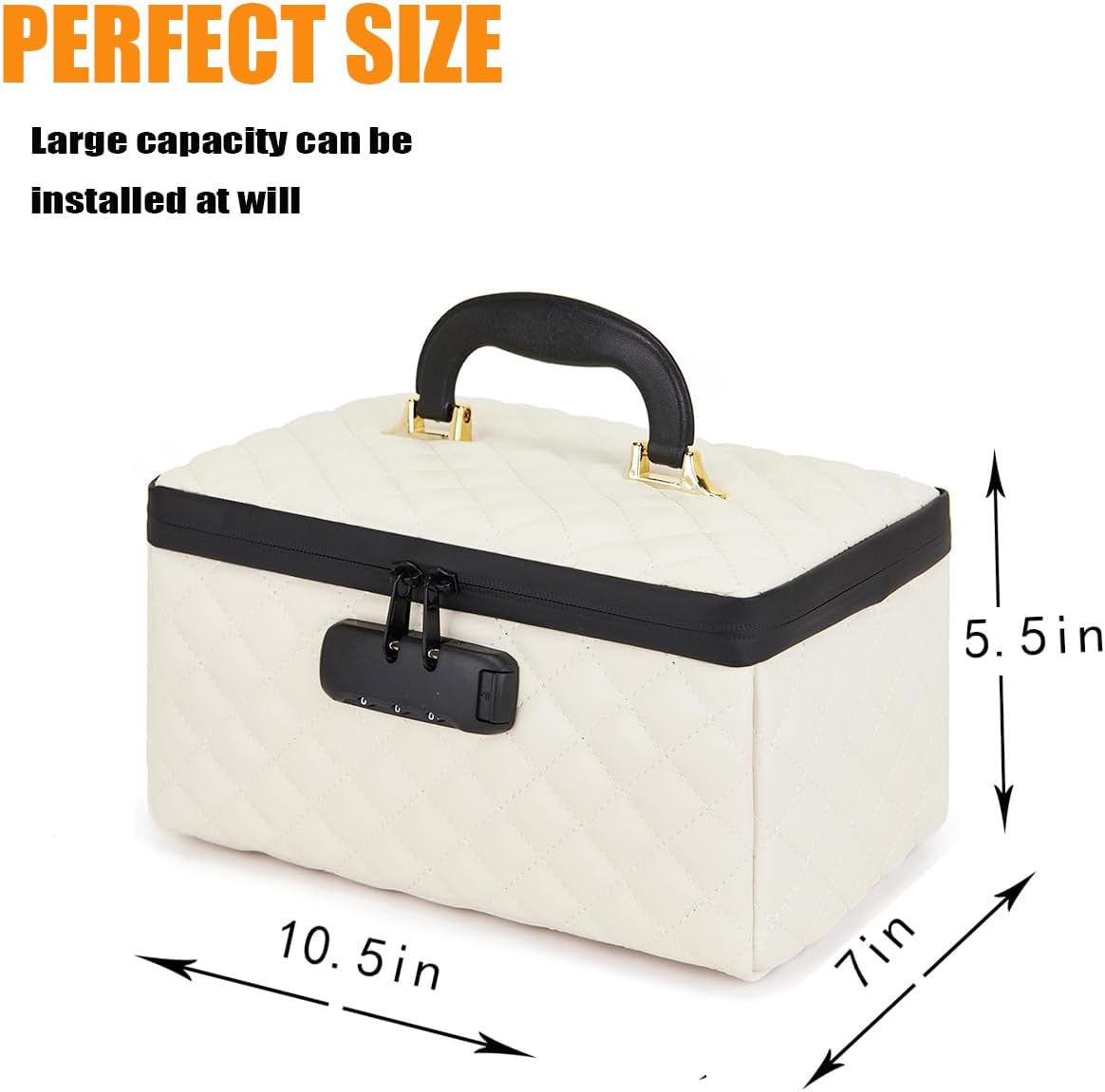 Portable makeup box with Lock, Large Capacity Travel Makeup Case Organizer, Makeup Bags for Girls Traveling With Handle and Divider Makeup Bag (off-white)