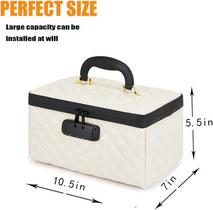 Portable makeup box with Lock, Large Capacity Travel Makeup Case Organizer, Makeup Bags for Girls Traveling With Handle and Divider Makeup Bag (off-white)