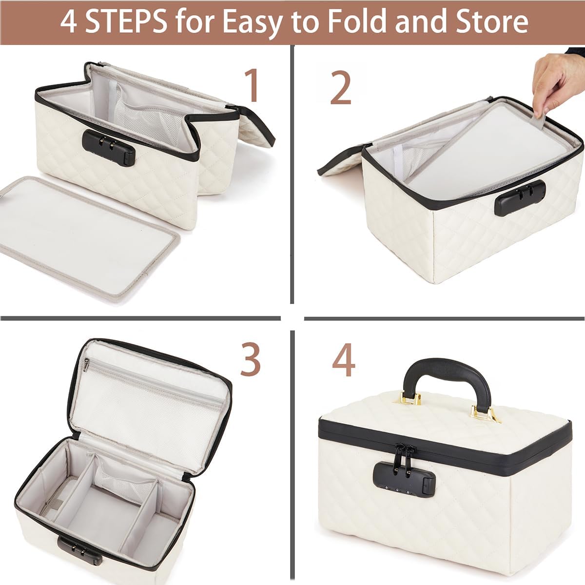 Portable makeup box with Lock, Large Capacity Travel Makeup Case Organizer, Makeup Bags for Girls Traveling With Handle and Divider Makeup Bag (off-white)