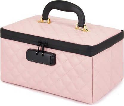 Portable makeup box with Lock, Large Capacity Travel Makeup Case Organizer, Makeup Bags for Girls Traveling With Handle and Divider Makeup Bag (off-white)