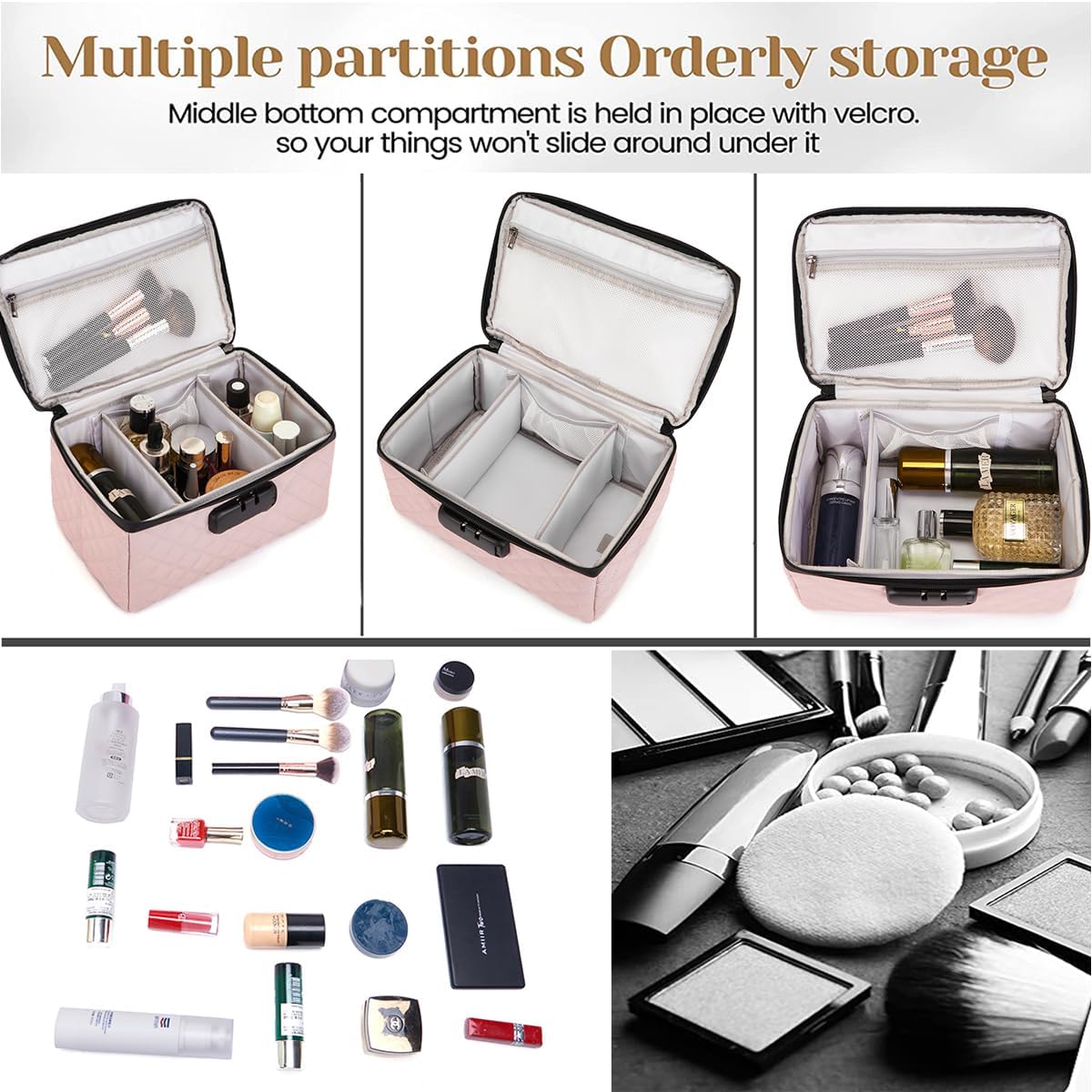 Portable makeup box with Lock, Large Capacity Travel Makeup Case Organizer, Makeup Bags for Girls Traveling With Handle and Divider Makeup Bag (off-white)