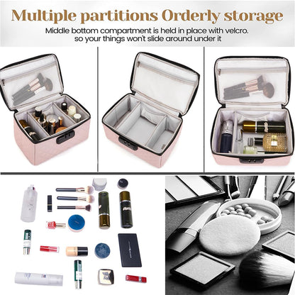 Portable makeup box with Lock, Large Capacity Travel Makeup Case Organizer, Makeup Bags for Girls Traveling With Handle and Divider Makeup Bag (off-white)