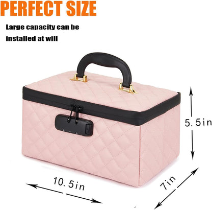 Portable makeup box with Lock, Large Capacity Travel Makeup Case Organizer, Makeup Bags for Girls Traveling With Handle and Divider Makeup Bag (off-white)