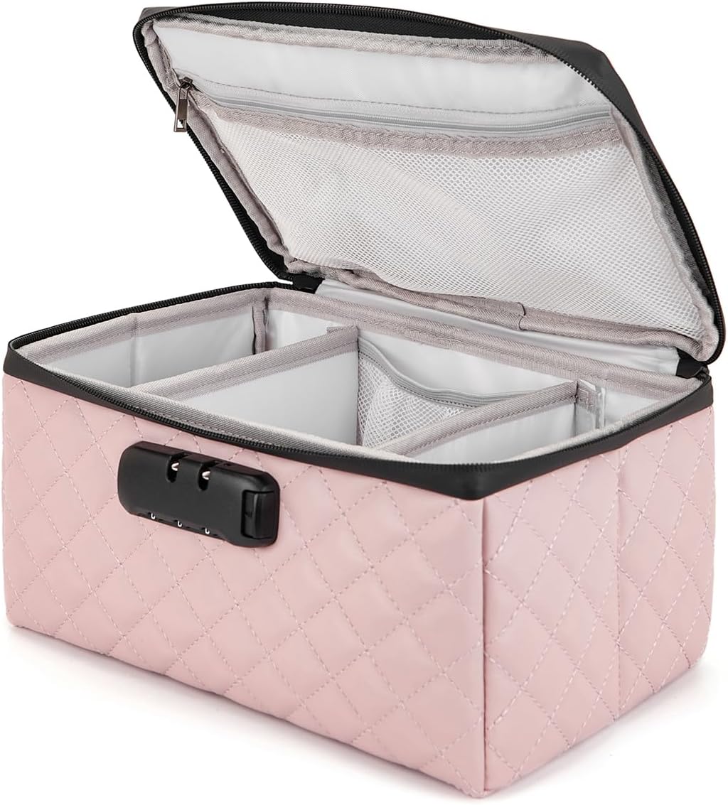 Portable makeup box with Lock, Large Capacity Travel Makeup Case Organizer, Makeup Bags for Girls Traveling With Handle and Divider Makeup Bag (off-white)