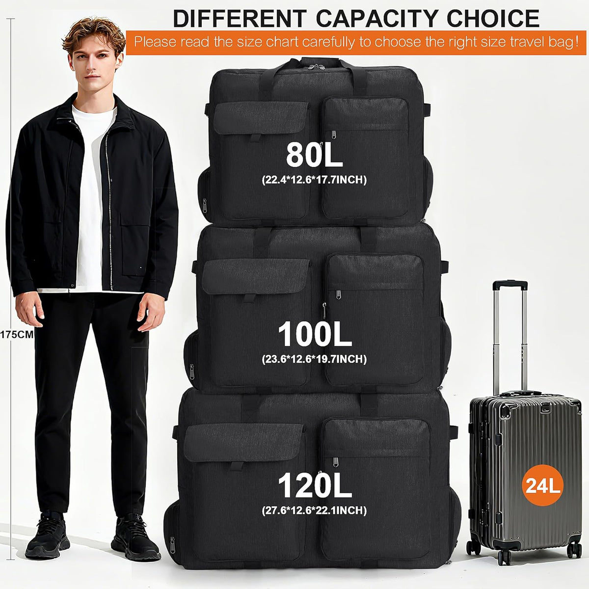 Large Travel Duffle Bag for Men Women, 80L 100L 120L Foldable Waterproof Duffle Bag, Packable Bag with Shoes Compartment for Overnight Gym Weekender Bag (Black, 80L)