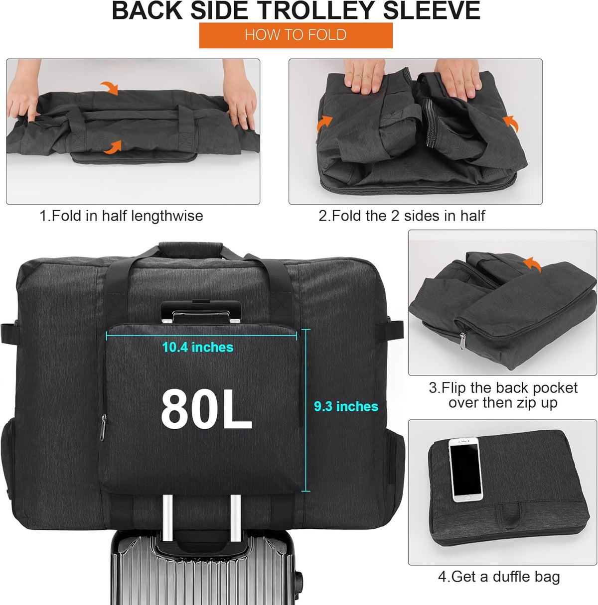 Large Travel Duffle Bag for Men Women, 80L 100L 120L Foldable Waterproof Duffle Bag, Packable Bag with Shoes Compartment for Overnight Gym Weekender Bag (Black, 80L)