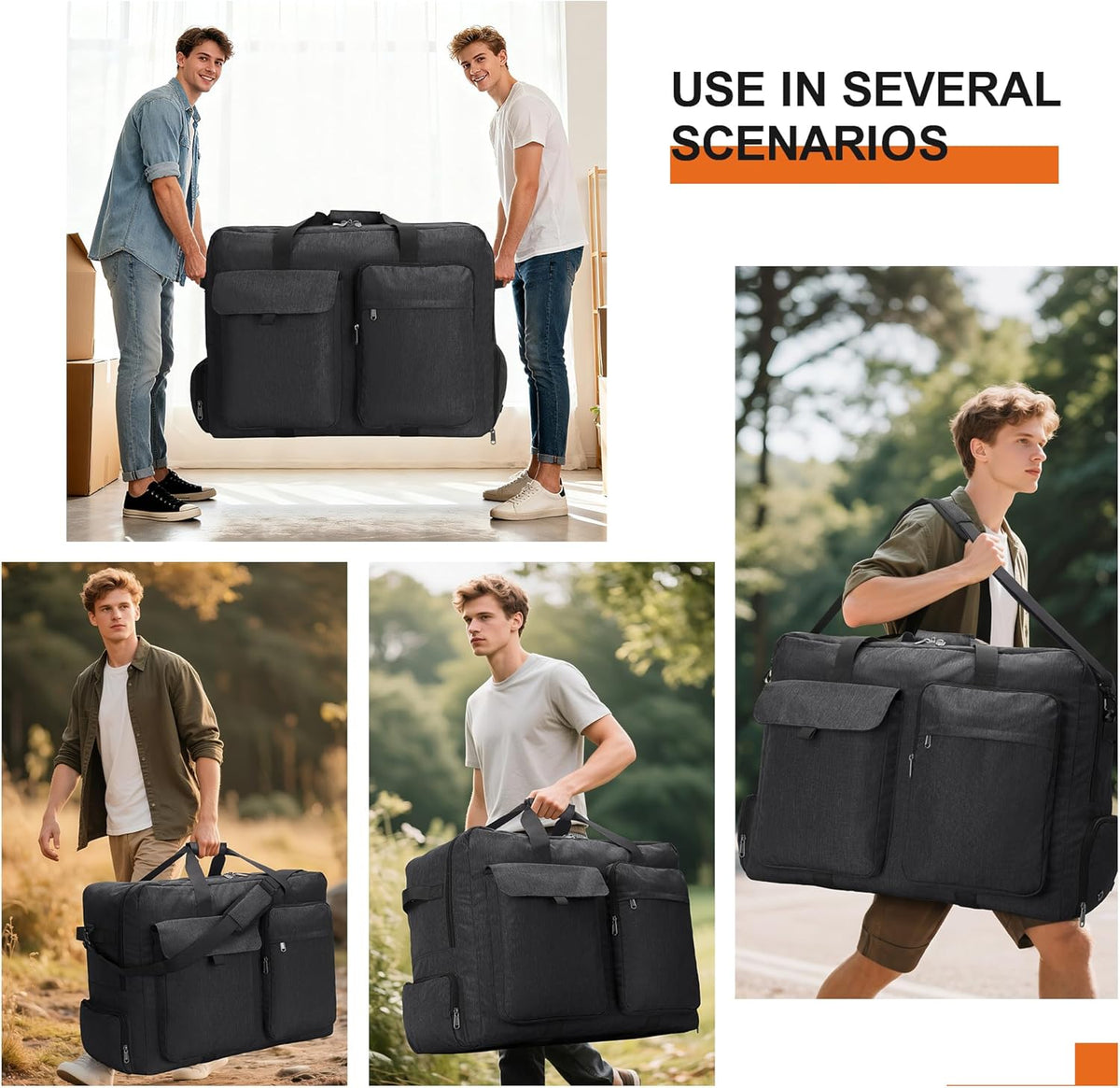 Large Travel Duffle Bag for Men Women, 80L 100L 120L Foldable Waterproof Duffle Bag, Packable Bag with Shoes Compartment for Overnight Gym Weekender Bag (Black, 80L)