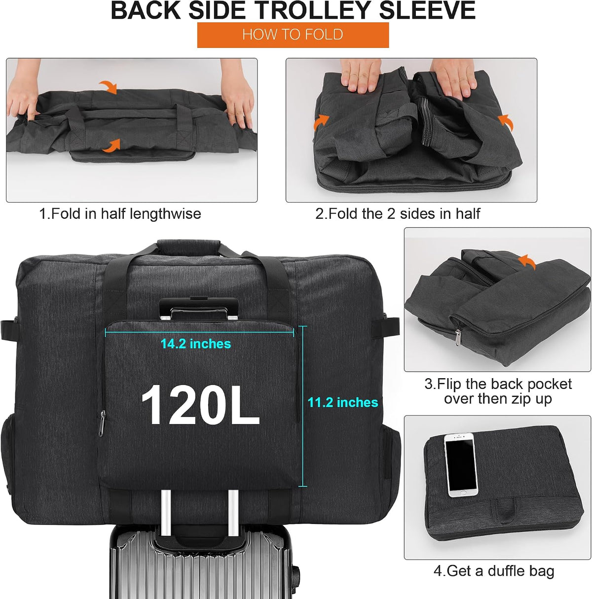 Large Travel Duffle Bag for Men Women, 80L 100L 120L Foldable Waterproof Duffle Bag, Packable Bag with Shoes Compartment for Overnight Gym Weekender Bag (Black, 80L)