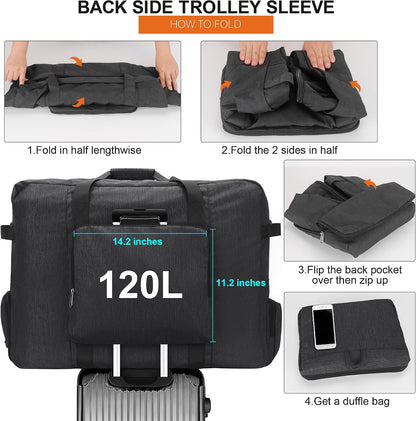 Large Travel Duffle Bag for Men Women, 80L 100L 120L Foldable Waterproof Duffle Bag, Packable Bag with Shoes Compartment for Overnight Gym Weekender Bag (Black, 80L)