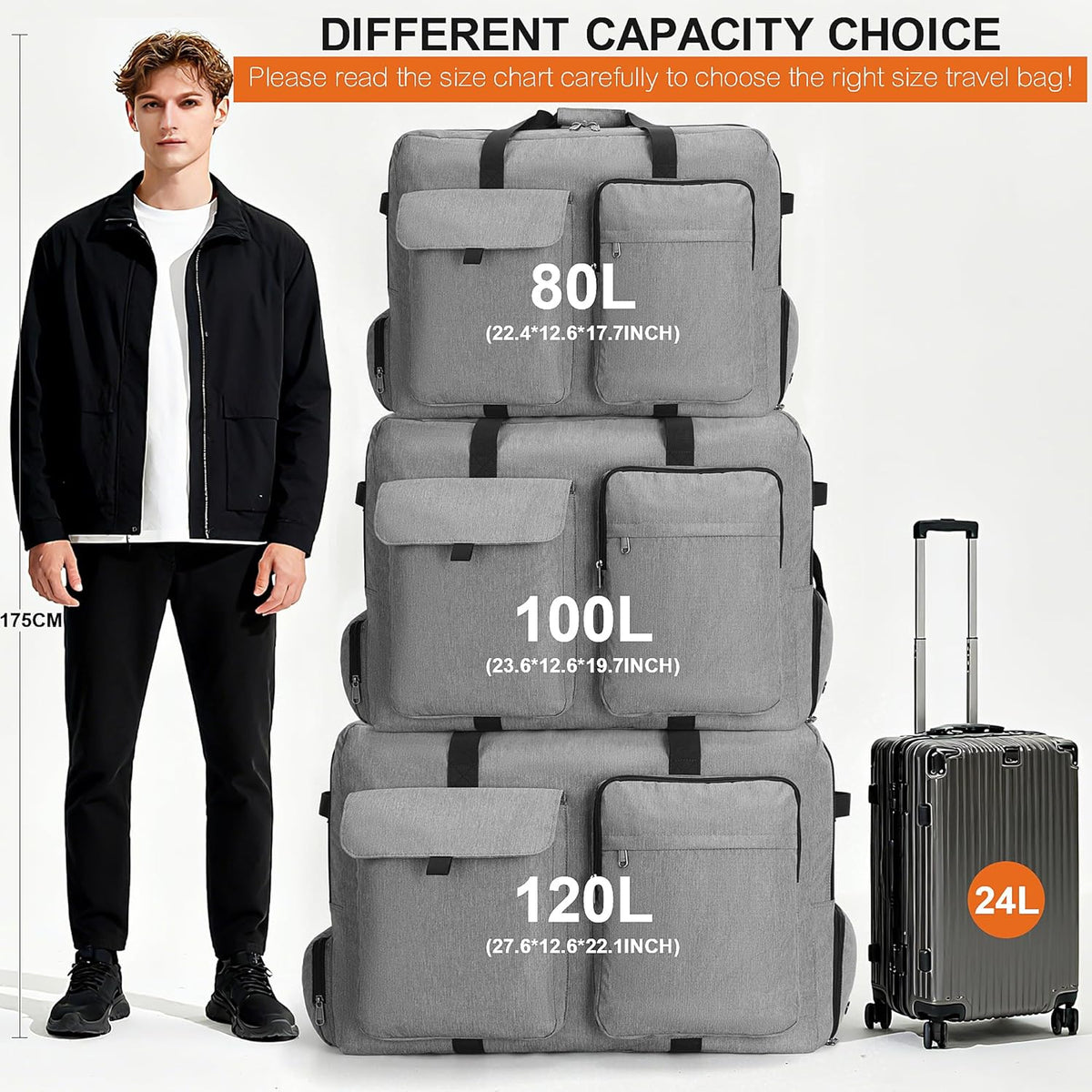 Large Travel Duffle Bag for Men Women, 80L 100L 120L Foldable Waterproof Duffle Bag, Packable Bag with Shoes Compartment for Overnight Gym Weekender Bag (Black, 80L)