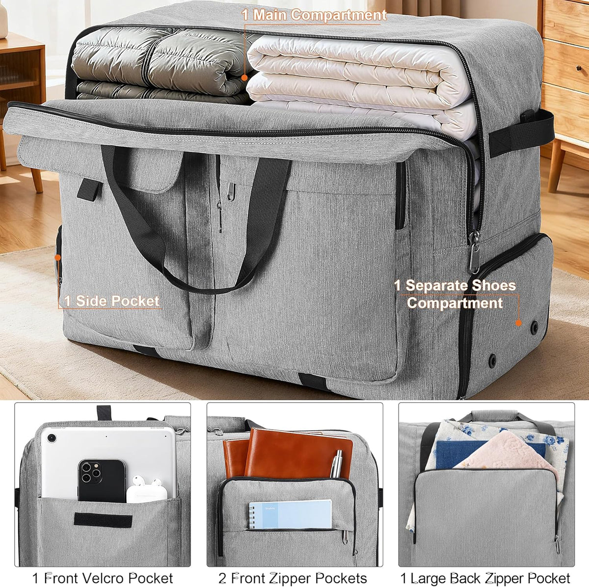 Large Travel Duffle Bag for Men Women, 80L 100L 120L Foldable Waterproof Duffle Bag, Packable Bag with Shoes Compartment for Overnight Gym Weekender Bag (Black, 80L)