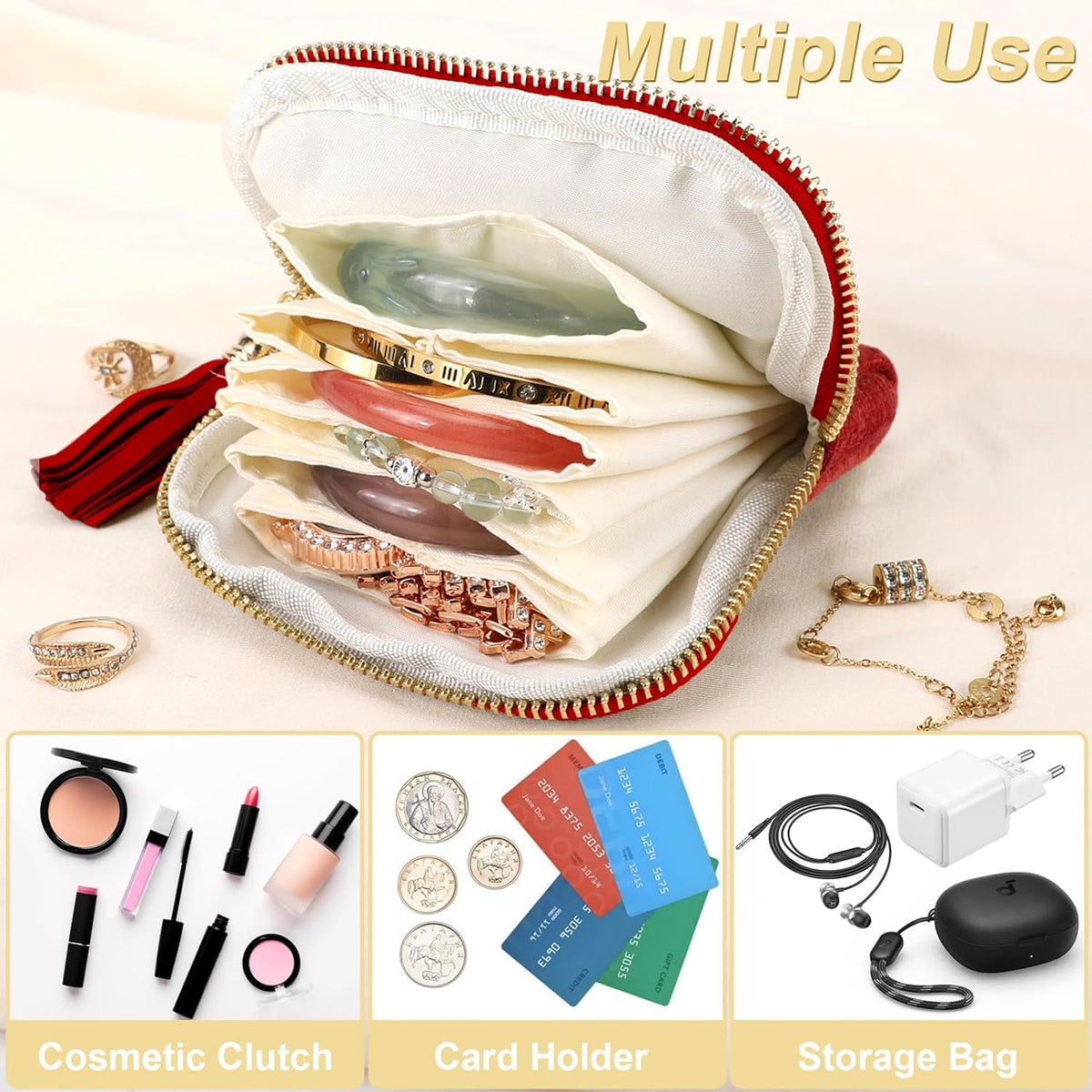 Small Travel Jewelry Case, Portable Soft Jewelry Bags, Organizer Pouch with 6 Compartments Pocket, Anti-Scratch Storage Holder for Bangle Bracelets Earrings Necklace, Women Gifts, Ocean Blue