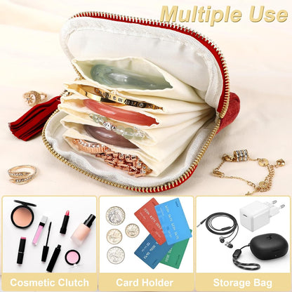 Small Travel Jewelry Case, Portable Soft Jewelry Bags, Organizer Pouch with 6 Compartments Pocket, Anti-Scratch Storage Holder for Bangle Bracelets Earrings Necklace, Women Gifts, Ocean Blue