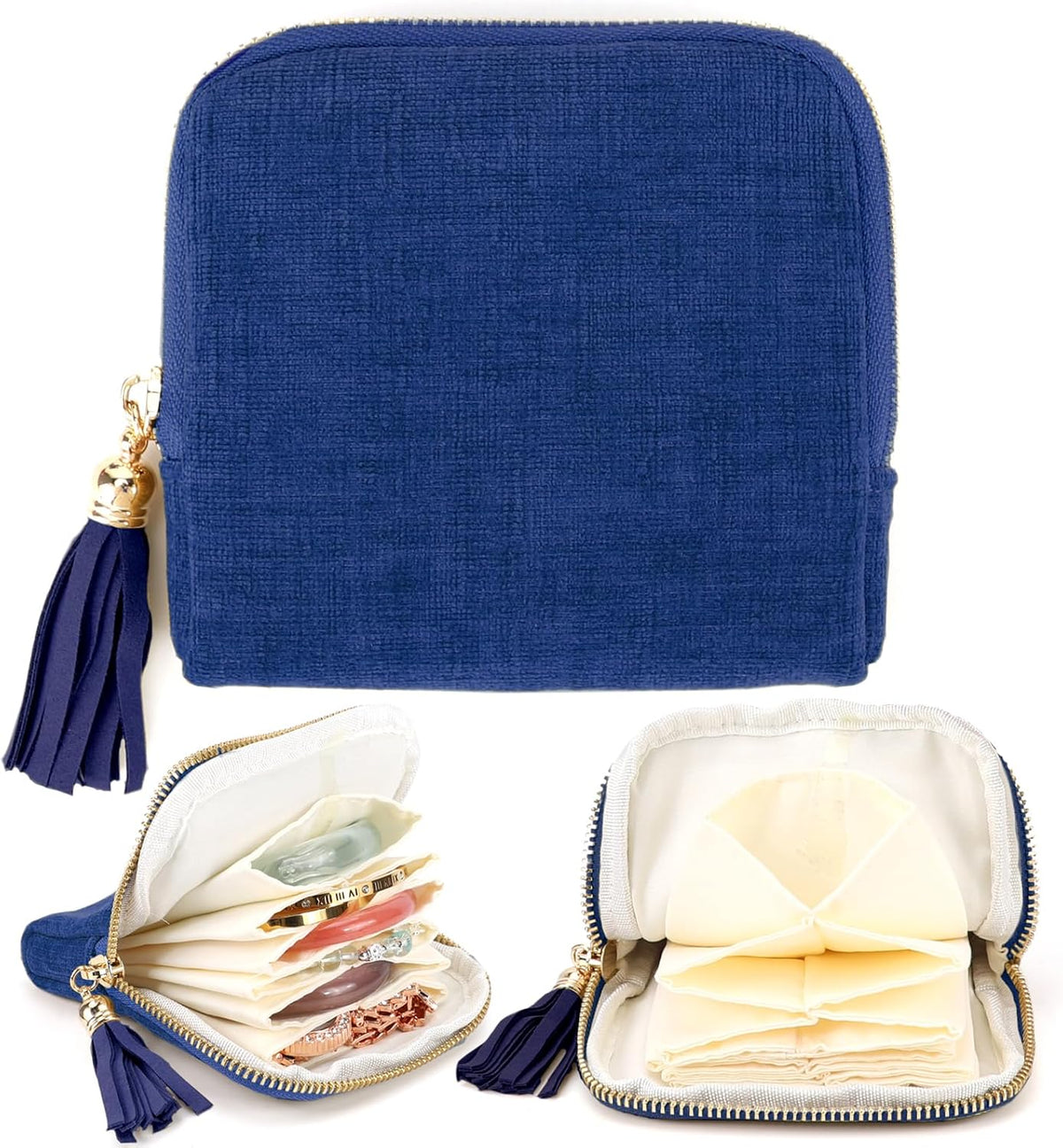 Small Travel Jewelry Case, Portable Soft Jewelry Bags, Organizer Pouch with 6 Compartments Pocket, Anti-Scratch Storage Holder for Bangle Bracelets Earrings Necklace, Women Gifts, Ocean Blue