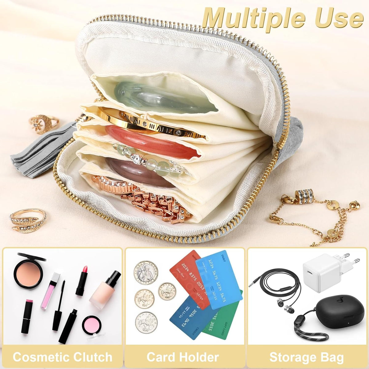 Small Travel Jewelry Case, Portable Soft Jewelry Bags, Organizer Pouch with 6 Compartments Pocket, Anti-Scratch Storage Holder for Bangle Bracelets Earrings Necklace, Women Gifts, Ocean Blue