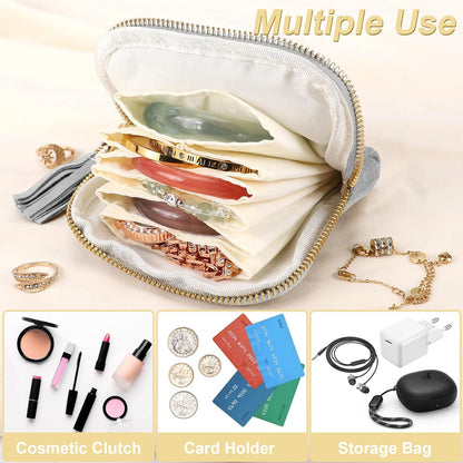 Small Travel Jewelry Case, Portable Soft Jewelry Bags, Organizer Pouch with 6 Compartments Pocket, Anti-Scratch Storage Holder for Bangle Bracelets Earrings Necklace, Women Gifts, Ocean Blue