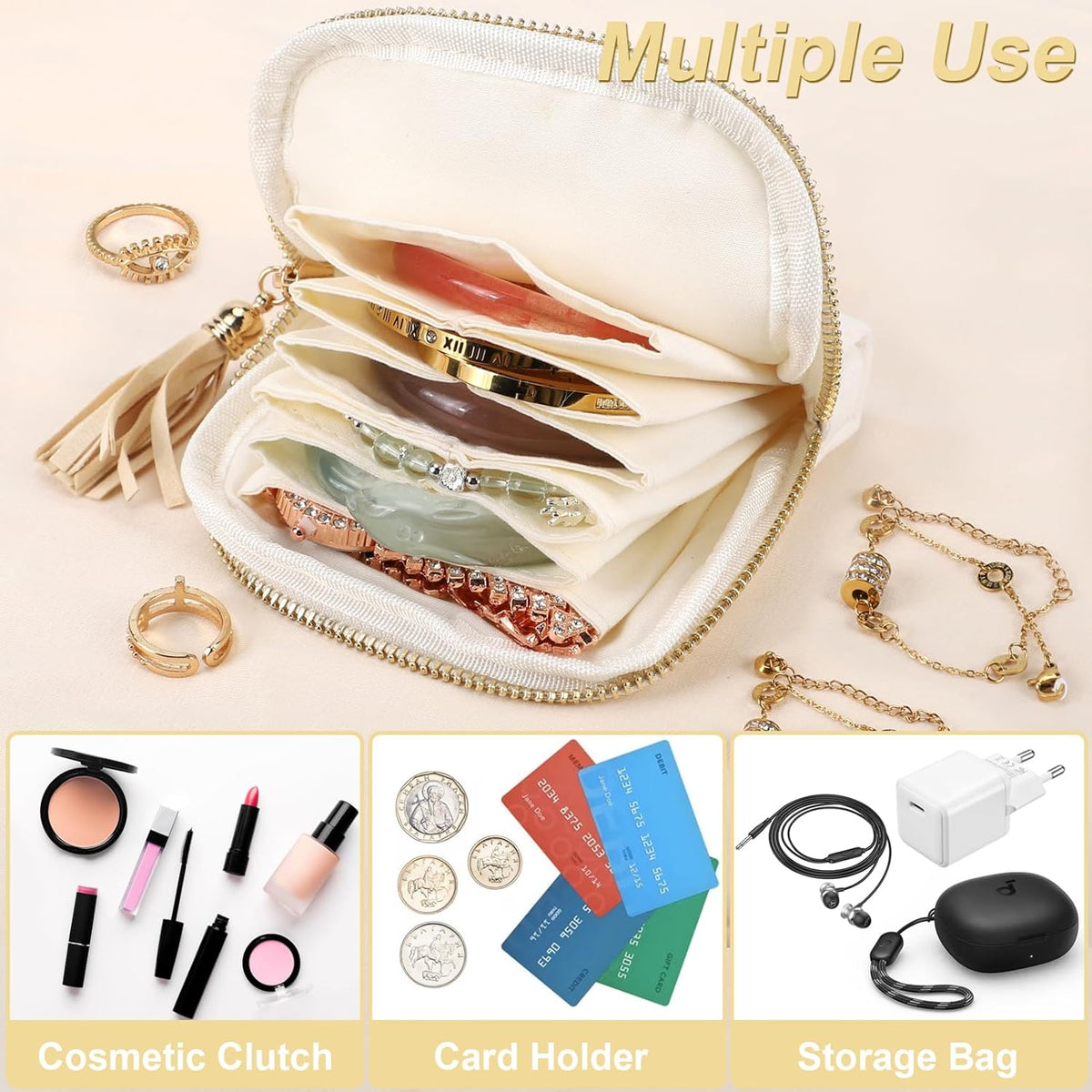 Small Travel Jewelry Case, Portable Soft Jewelry Bags, Organizer Pouch with 6 Compartments Pocket, Anti-Scratch Storage Holder for Bangle Bracelets Earrings Necklace, Women Gifts, Ocean Blue
