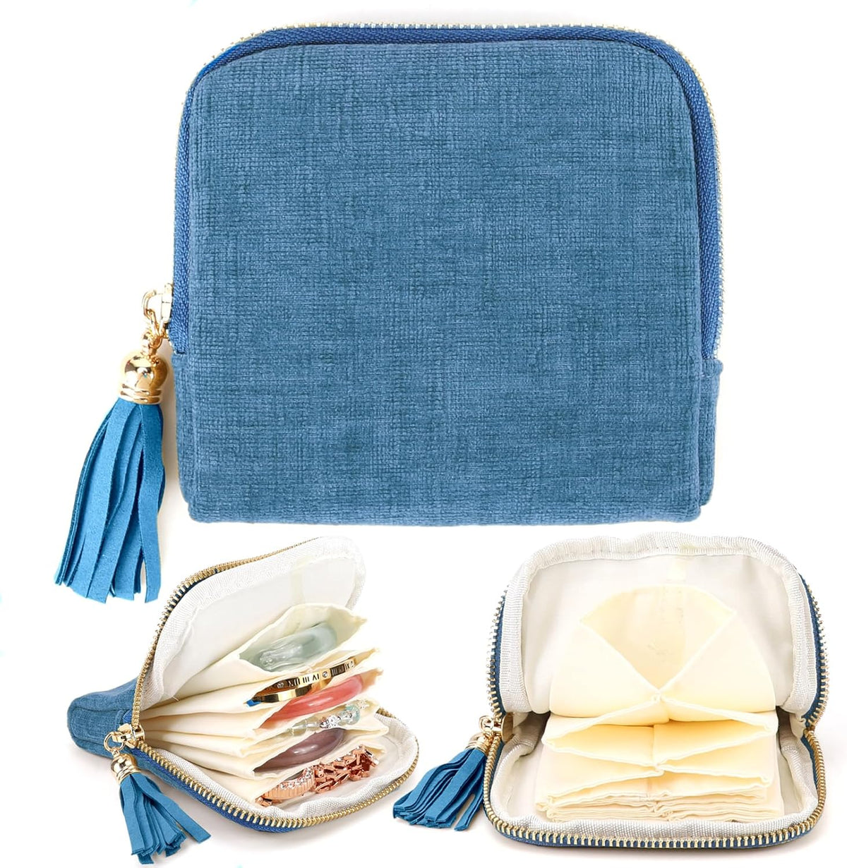 Small Travel Jewelry Case, Portable Soft Jewelry Bags, Organizer Pouch with 6 Compartments Pocket, Anti-Scratch Storage Holder for Bangle Bracelets Earrings Necklace, Women Gifts, Ocean Blue