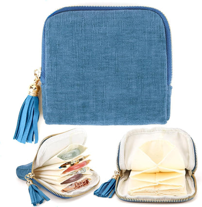 Small Travel Jewelry Case, Portable Soft Jewelry Bags, Organizer Pouch with 6 Compartments Pocket, Anti-Scratch Storage Holder for Bangle Bracelets Earrings Necklace, Women Gifts, Ocean Blue