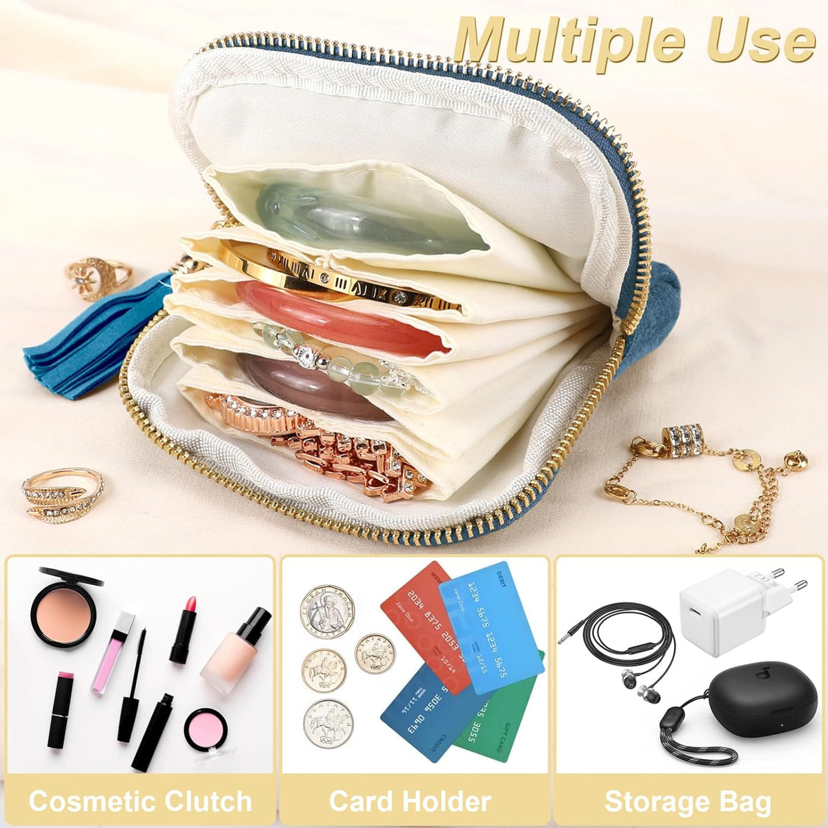 Small Travel Jewelry Case, Portable Soft Jewelry Bags, Organizer Pouch with 6 Compartments Pocket, Anti-Scratch Storage Holder for Bangle Bracelets Earrings Necklace, Women Gifts, Ocean Blue