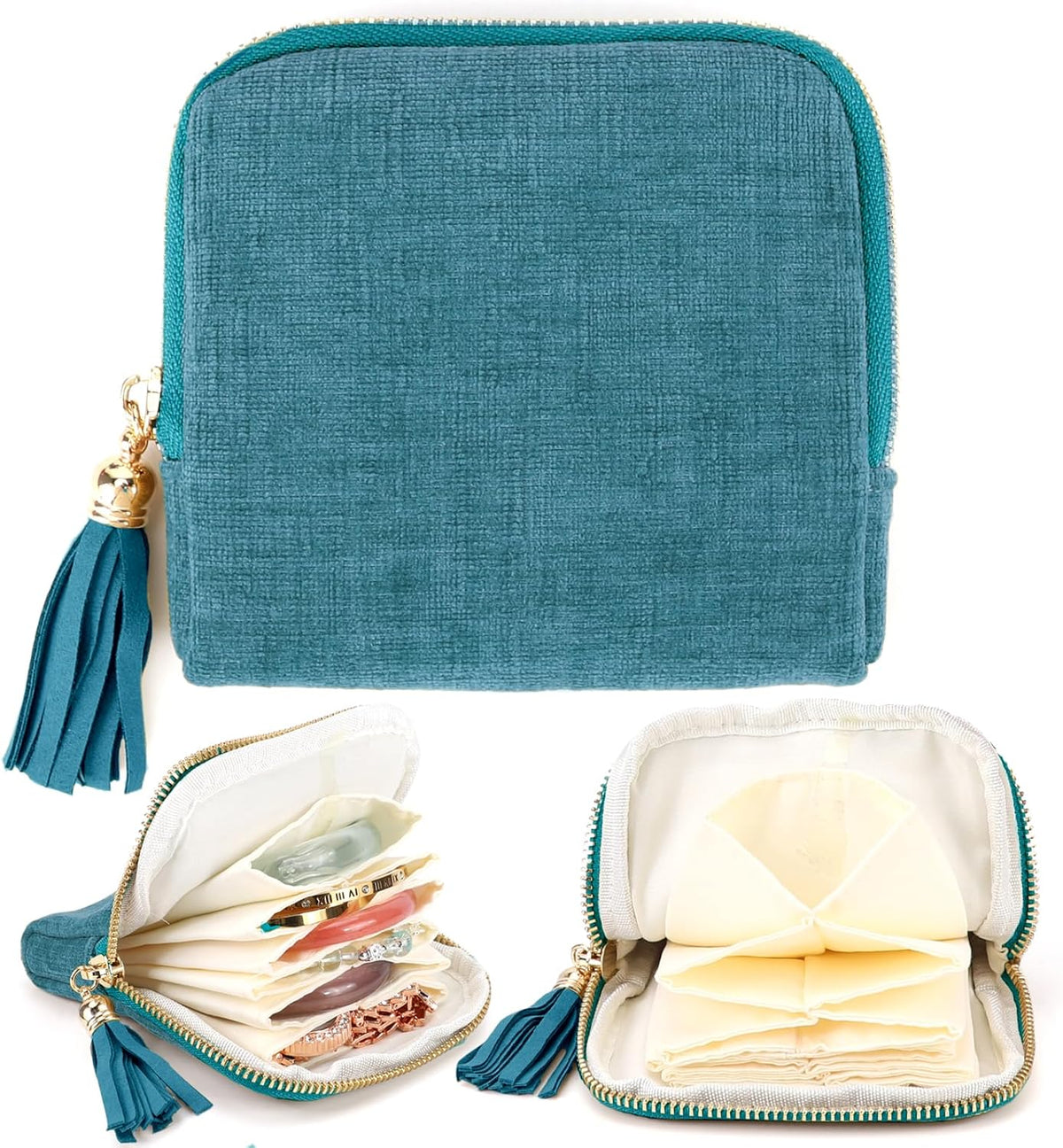 Small Travel Jewelry Case, Portable Soft Jewelry Bags, Organizer Pouch with 6 Compartments Pocket, Anti-Scratch Storage Holder for Bangle Bracelets Earrings Necklace, Women Gifts, Ocean Blue