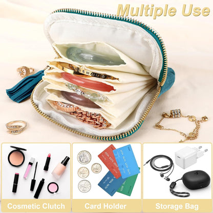 Small Travel Jewelry Case, Portable Soft Jewelry Bags, Organizer Pouch with 6 Compartments Pocket, Anti-Scratch Storage Holder for Bangle Bracelets Earrings Necklace, Women Gifts, Ocean Blue