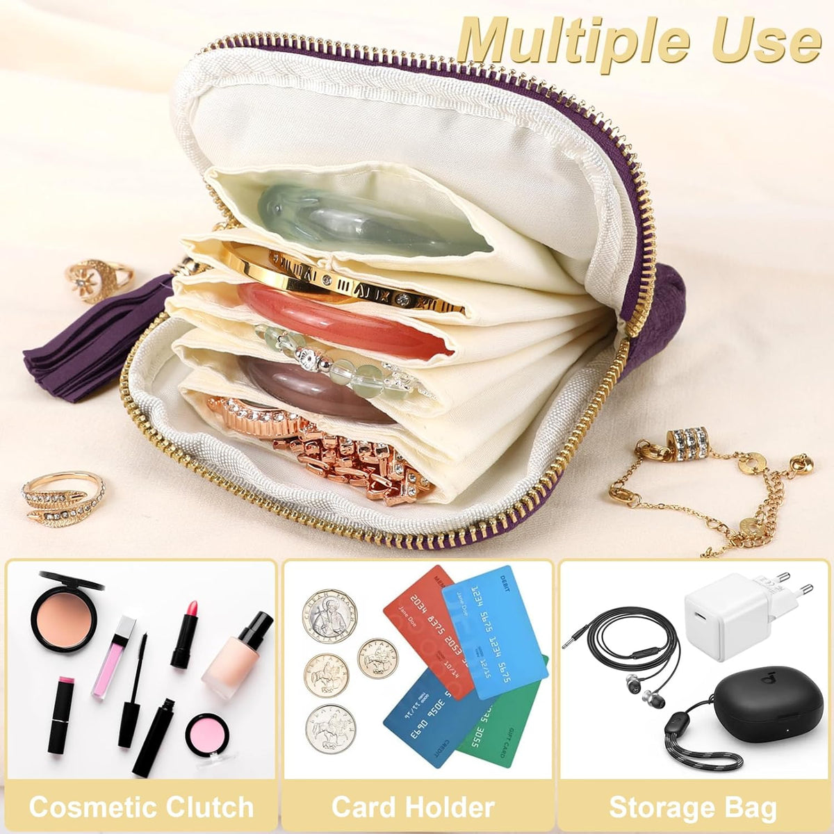 Small Travel Jewelry Case, Portable Soft Jewelry Bags, Organizer Pouch with 6 Compartments Pocket, Anti-Scratch Storage Holder for Bangle Bracelets Earrings Necklace, Women Gifts, Ocean Blue