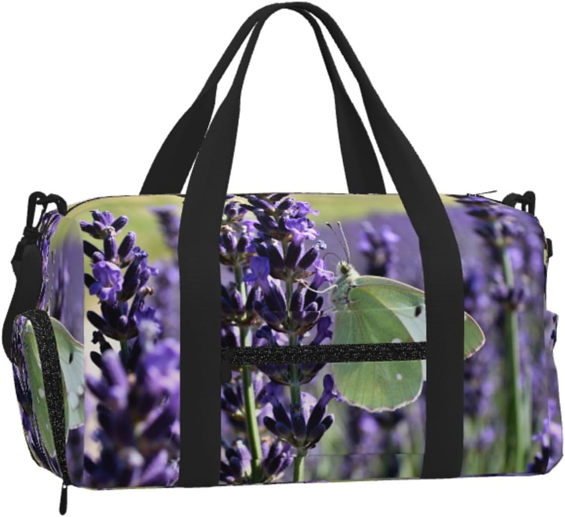 Lavender Butterfly Field Duffel Bag with Shoe Compartment-Sports Gym Weekender for Men Women, Waterproof Travel Tote with Wet Pocket for Dirty Shoes