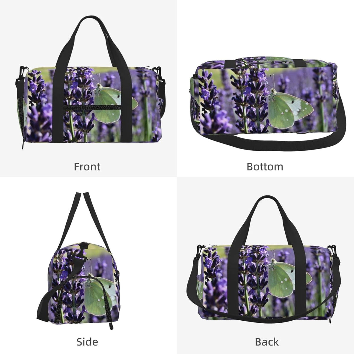Lavender Butterfly Field Duffel Bag with Shoe Compartment-Sports Gym Weekender for Men Women, Waterproof Travel Tote with Wet Pocket for Dirty Shoes
