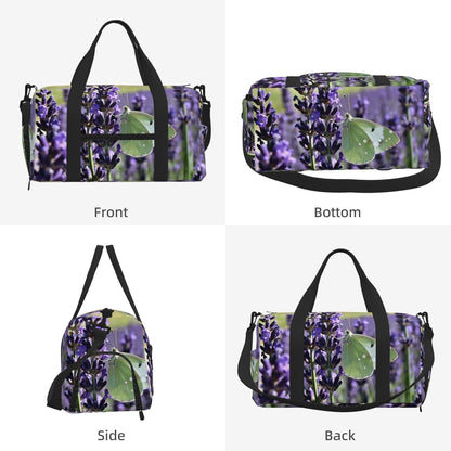 Lavender Butterfly Field Duffel Bag with Shoe Compartment-Sports Gym Weekender for Men Women, Waterproof Travel Tote with Wet Pocket for Dirty Shoes